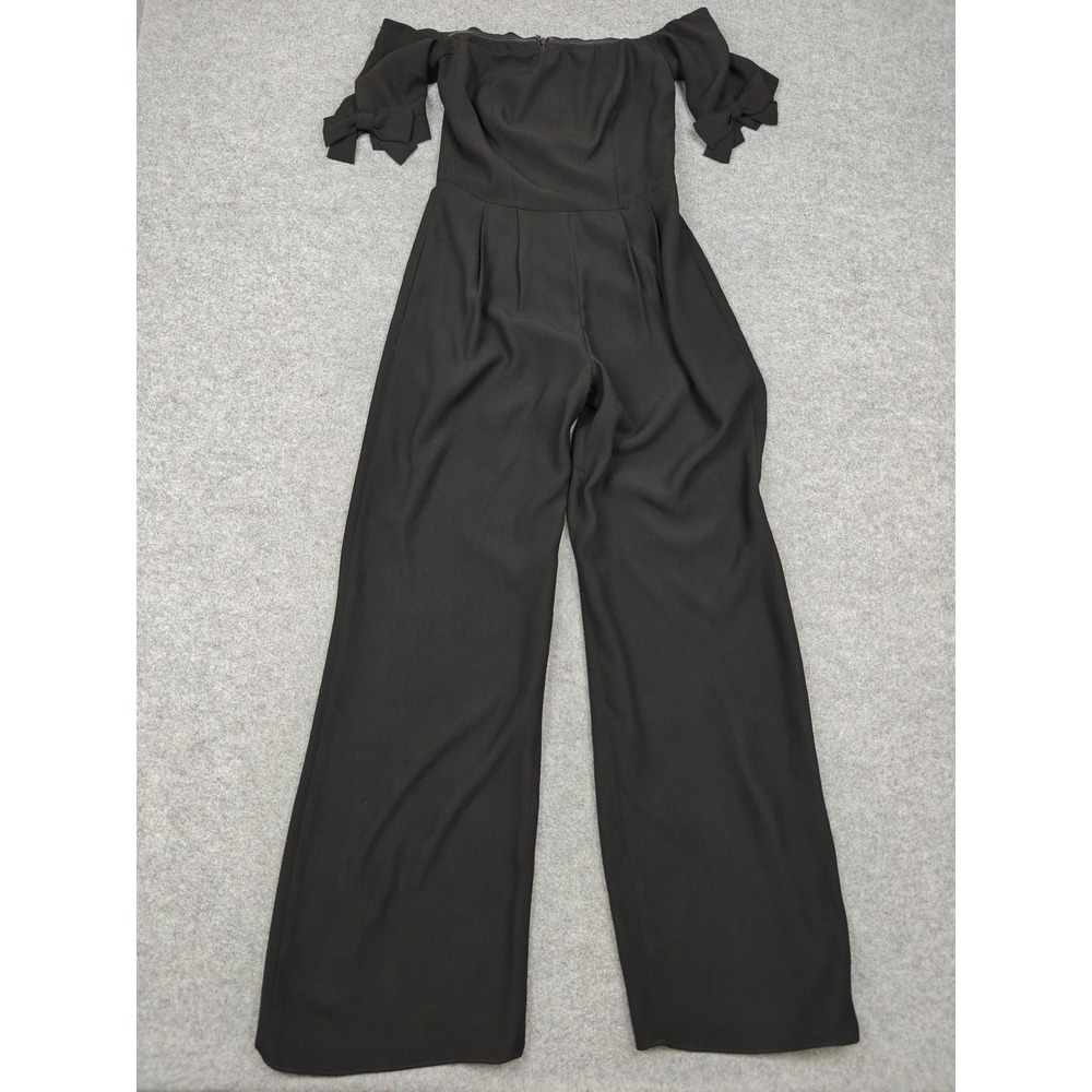 Gal Meets Glam Jumpsuit Womens 0 Black Off Shoulder Bow Sleeve Wide Leg Pockets